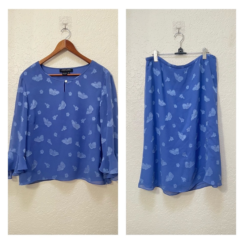 Cynthia Howie Maggy Boutique Blue Butterfly Chiffon Skirt Set Bell Sleeve Sz 14